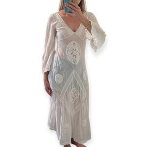Lolita Jaca St. Barth White Crochet Lace Sheer V-Neck Kaftan Maxi Dress Size XS